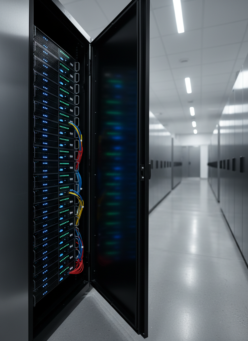 A sleek, matte-black server rack door slightly ajar, revealing rows of glowing blue and green indicator LEDs on neatly organized hardware, all cabling perfectly managed in color-coded bundles. The rack stands in a pristine, high-end data center aisle with polished concrete floors and evenly spaced metallic cabinets stretching into soft blur. Cool, diffused overhead LED lighting casts subtle reflections on the metal surfaces and emphasizes the symmetry of the space. Captured at eye level with a slight diagonal angle, using a shallow depth of field to keep the front servers razor sharp while the background fades gently. The mood is professional, controlled, and highly secure, with photographic realism and a clean, modern cybersecurity aesthetic.